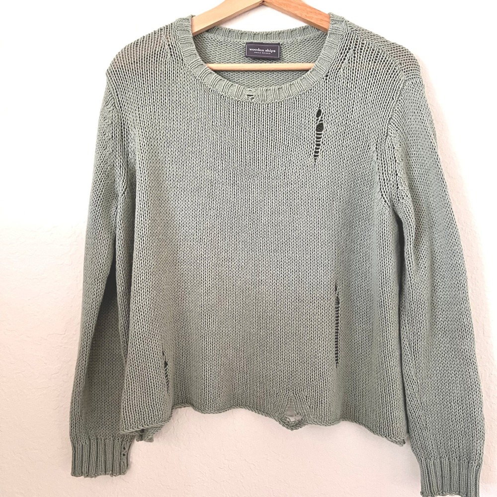 Wooden Ships Sage Green Distressed Sweater S/M Boxy Over-sized Crewneck Pullover